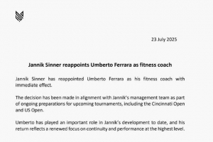 辛纳宣布体能师回归团队，曾将含有违禁品的喷雾剂带到美国